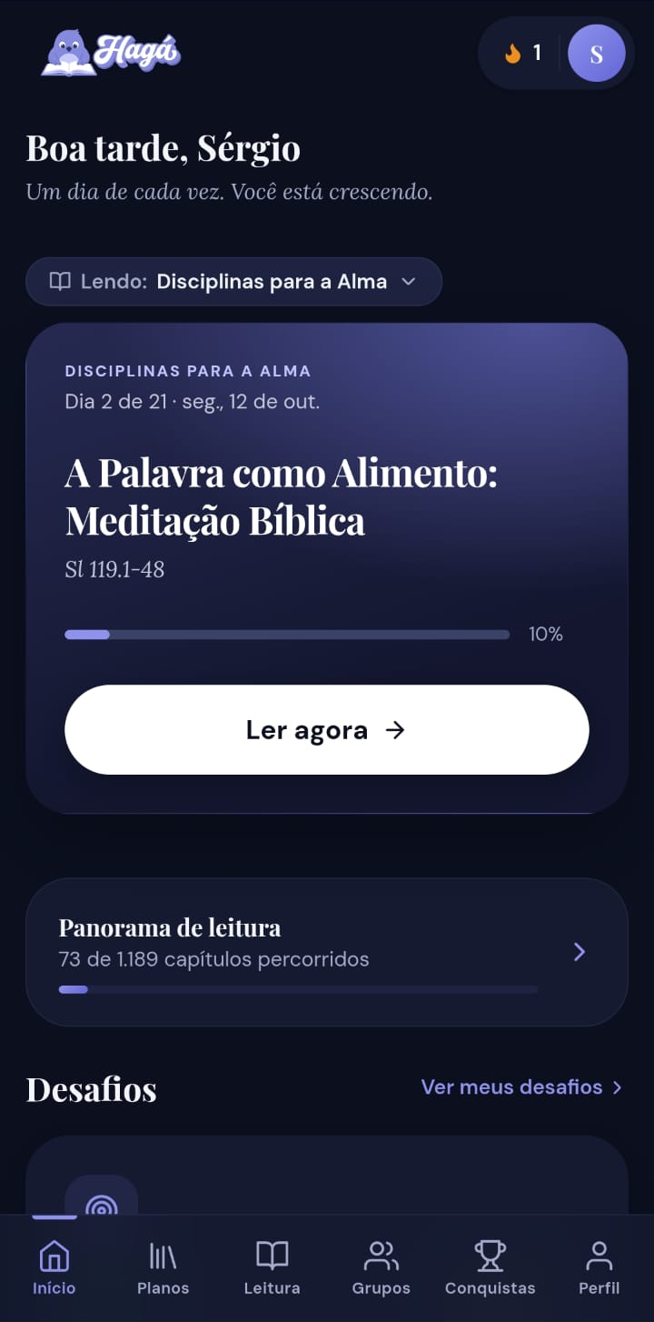 Tela inicial do app Hagá com o plano do dia