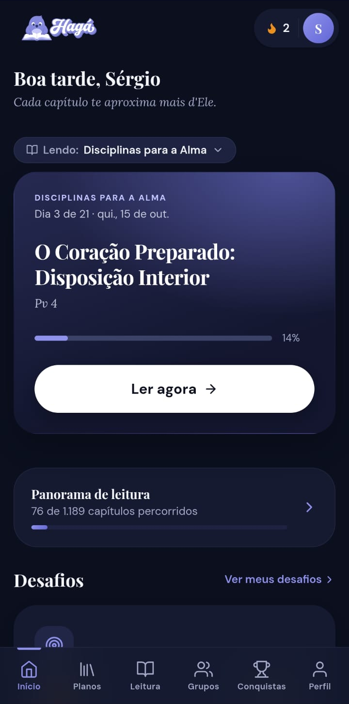 Tela inicial do app Hagá com o plano do dia