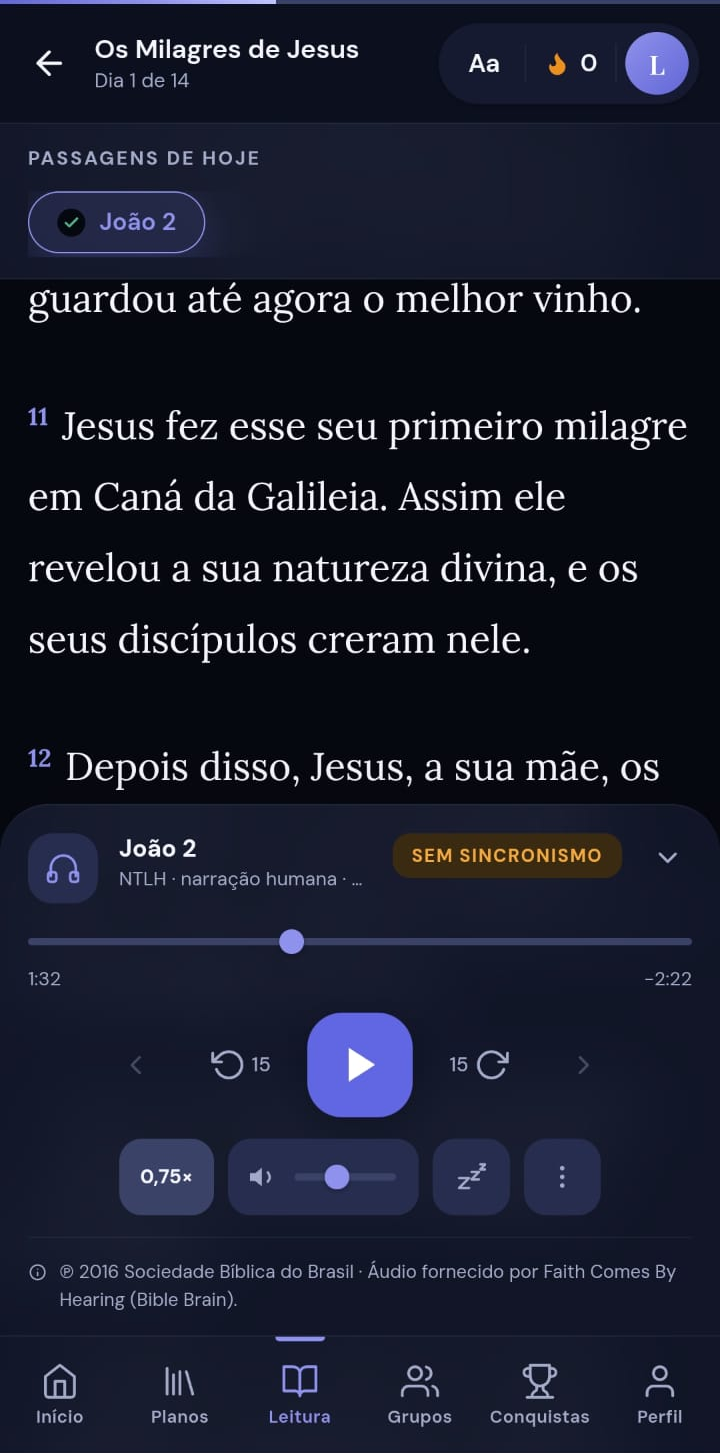 Tela de leitura do app Hagá com o player de áudio